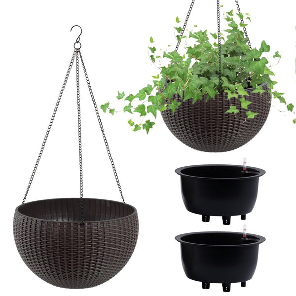 English Elm 13.4 Inch Rattan Texture Self Watering Hanging Planter with Reservoir for Balcony Brown W3213P383079