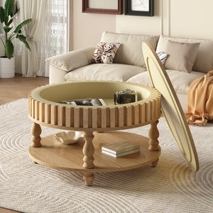 English Elm Farmhouse Fluted Square Coffee Table with Flip Top Hidden Compartment and Open Shelf Natural Wood W1445P370481