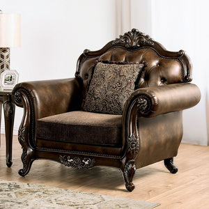 English Elm Traditional Carved Tufted Accent Chair with Rolled Arms, Nailhead Trim and Elegant Upholstery Brown,Cherry 35 L x 46 W x 33 H B2741P380810