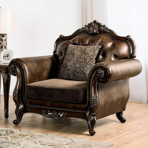English Elm Traditional Carved Tufted Accent Chair with Rolled Arms, Nailhead Trim and Elegant Upholstery Brown,Cherry 35 L x 46 W x 33 H B2741P380810