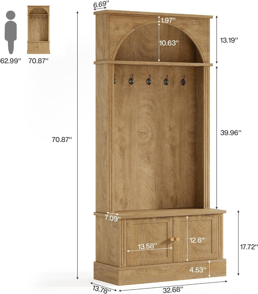 English Elm Practical Freestanding Hall Tree with Shoe Cabinet Bench Hooks and Arched Top Shelf T3971P464235