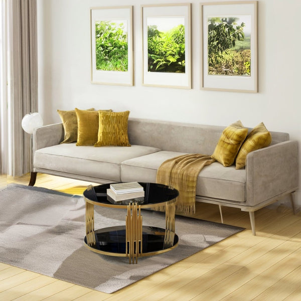 English Elm Modern Round Coffee Table Black Tempered Glass Top Gold Drum Base Living Room Glam N735P177478B
