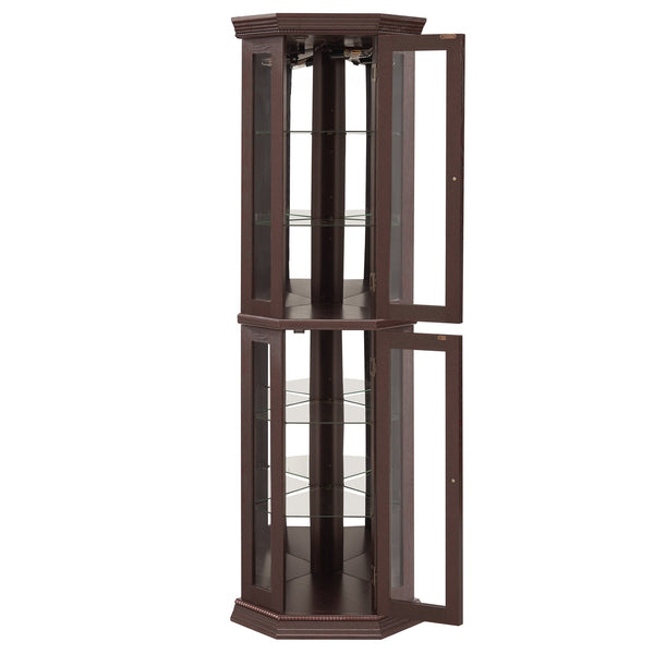 English Elm Lighted Corner Curio Cabinet - Elegant Glass Display With Adjustable Shelves & Ambient Lighting - Dark Cherry W1758P300130