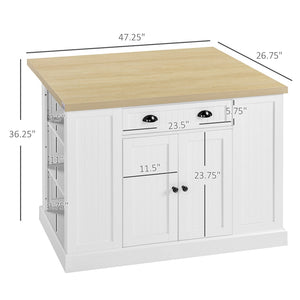 English Elm Homcom 47" Fluted-Style Wooden Kitchen Island, Kitchen Countertop Storage Cabinet With Drop Leaf, Drawer, Open Shelves, Storage, White