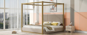 English Elm King Velvet Upholstered Four Poster Canopy Bed White Modern Bedroom Frame N7090002405A