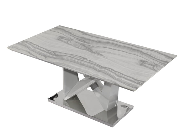 English Elm CAROLINE Grey Dining Table with Marble-Look Top, Silver Finish Pedestal Base Seats Up to 6, Modern Elegance B201S00242