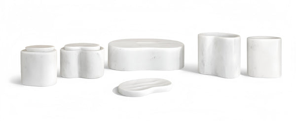 English Elm White Natural Marble Bathroom Accessory Set - 6-Piece Luxury Collection, Handcrafted Elegance, Unique Design W1696P262943-GIGA
