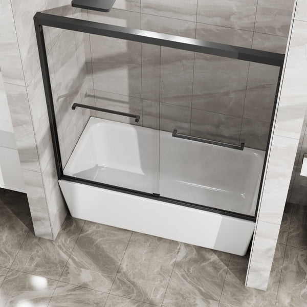 English Elm Goodyo Matte Black Framed Sliding Tub Enclosure Tempered Glass Bathtub Shower Door W1223S00045