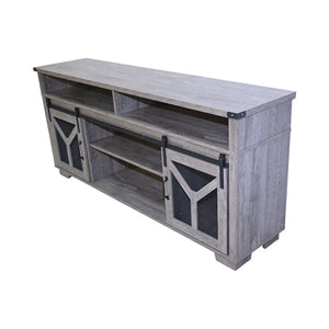 English Elm 65.3" TV Stand with LED Ambience, Sliding Iron Mesh Barn Doors, Y-Accent Rustic Farmhouse Storage Antique Gray W1412P271801