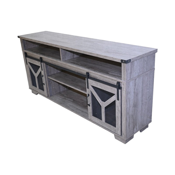 English Elm 65.3" TV Stand with LED Ambience, Sliding Iron Mesh Barn Doors, Y-Accent Rustic Farmhouse Storage Antique Gray W1412P271801