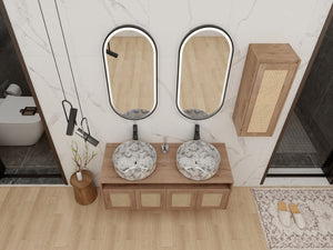English Elm 48" Floating Bathroom Vanity Dual Ceramic Vessel Sinks Oak Finish Soft Close Doors W999S00500