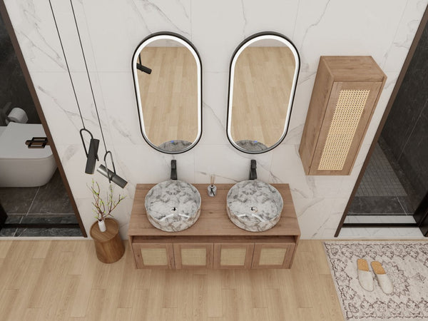 English Elm 48" Floating Bathroom Vanity Dual Ceramic Vessel Sinks Oak Finish Soft Close Doors W999S00500
