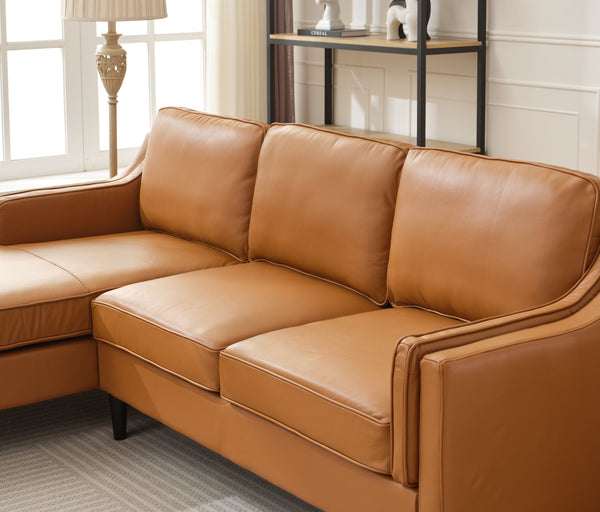 English Elm 94.5 Inch L-Shaped Genuine Leather Sofa With Left Chaise Lounge - Modern Tan Sectional Comfort W791S00022