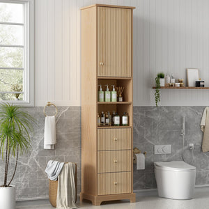 English Elm 67.7" Tall Freestanding Bathroom Cabinet with 3 Drawers, Open Shelves, Gold Handles, Anti-Tip Safety N729P335604O
