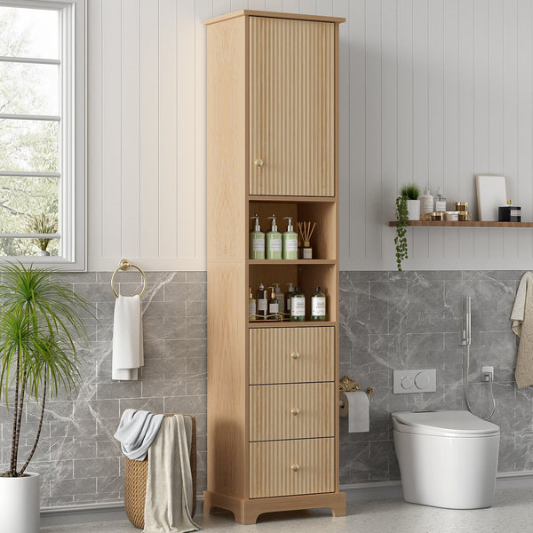English Elm 67.7" Tall Freestanding Bathroom Cabinet with 3 Drawers, Open Shelves, Gold Handles, Anti-Tip Safety N729P335604O