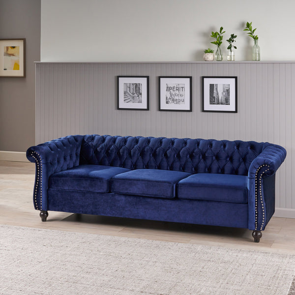 English Elm Christopher Knight Home® - 3 Seater Chesterfield Sofa with Button Tufted Diamond Stitch, Nailhead Accents & Scrolled Arms - Low Profile Blue N771P262584U