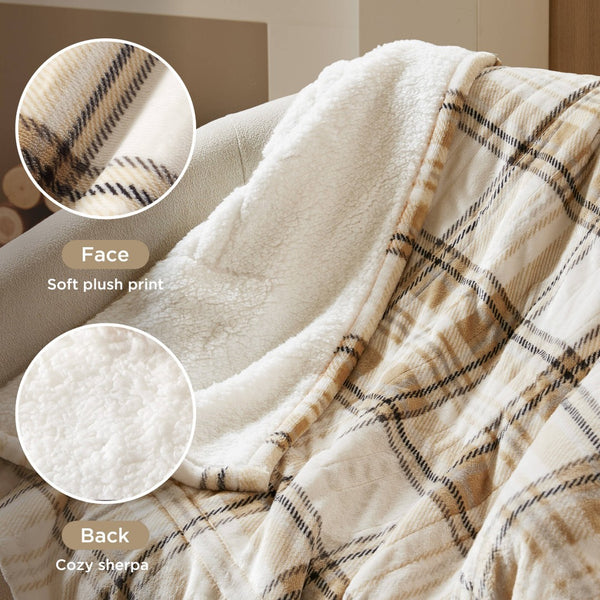 English Elm 1-piece Aztec Heated Throw with 12 Settings Auto Shutoff Soft Ivory Boho Blanket Tan Plaid B035P408330