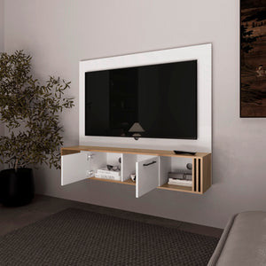 English Elm Lesslie Wall-Mounted Entertainment Center with Cabinets, Cable Management, Open Shelves, Oak/White B128P263721