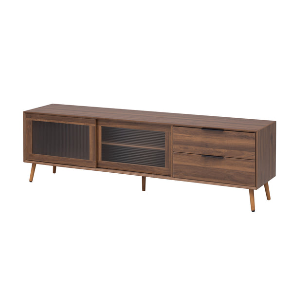 English Elm Modern TV Stand Walnut 70.8" Mid-Century Media Console for 75"+ TVs with Glass Doors, Drawers & Cable Management N710P222776P