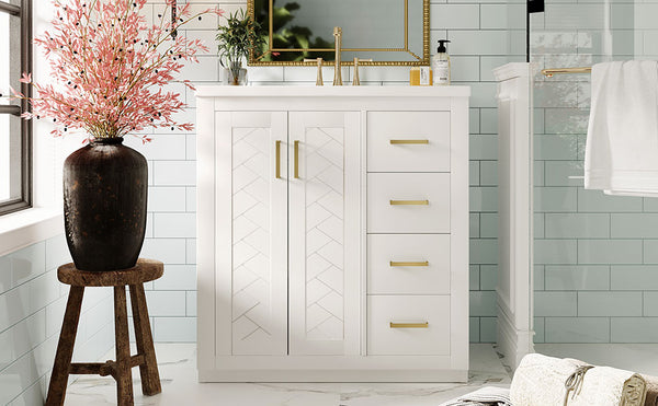 English Elm 30'' Elegant Bathroom Vanity Set With Ceramic Sink, Soft-Close Drawers & Retro Design For Storage N710P191947K