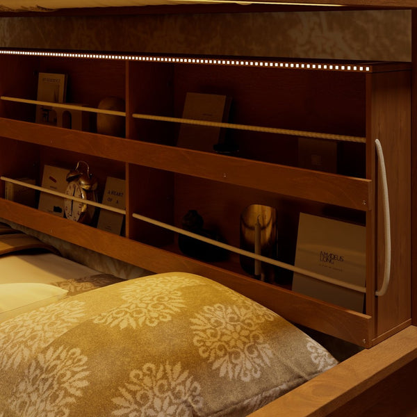 English Elm Twin Xl Over Queen Bunk Bed with Led Lighting Shelving and Pegboard Pinewood Frame Brown LT000280AAP