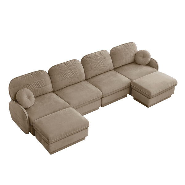 English Elm 137" Oversized U-shaped Chenille Sectional with Ottoman Quilted Cushions for Spacious Living Light Coffee W714S01764