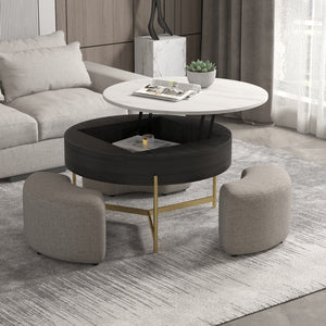 English Elm Vita Modern 31.5" Round Lift-Top Coffee Table Set with Iron Legs and Storage Shelves, Stylish Black,Light beige B341S00043