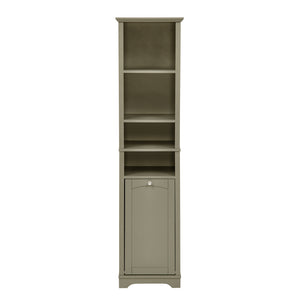 English Elm 64" Tall Bathroom Storage Cabinet Narrow 4-Shelf Floor Organizer with Laundry Hamper, Grey, Space-Saving Tall Unit W1801P195738