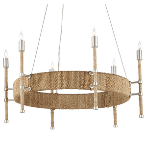 Monzie Chandelier - Contemporary Silver Leaf Design with Warm Rope Accents, Adjustable Height Fixture