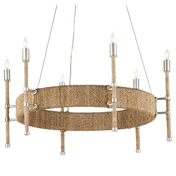 Monzie Chandelier - Contemporary Silver Leaf Design with Warm Rope Accents, Adjustable Height Fixture