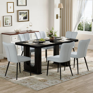English Elm Table Set: Modern Black Wood Dining Table With 6 Light Gray Pu Chairs For Stylish, Comfortable Meals W1151S04313-GIGA