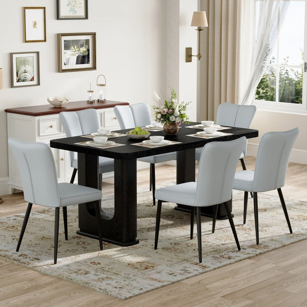 English Elm Table Set: Modern Black Wood Dining Table With 6 Light Gray Pu Chairs For Stylish, Comfortable Meals W1151S04313-GIGA