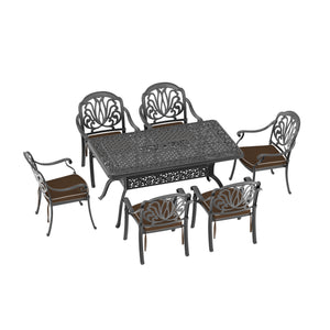 English Elm 7-Piece Cast Aluminum Patio Furniture Set With Brown Cushions - Elegant Dining For 6 Outdoors! W1710S00492