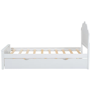 English Elm Twin Solid Wood Platform Bed with Headboard & Pull-Out Trundle, White Finish, Sturdy Pine/MDF Design GX000389AAK