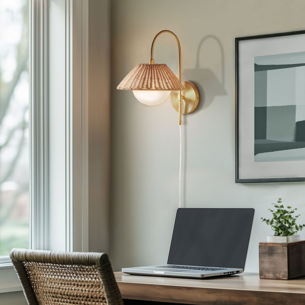 JLA Home INK+IVY - Rattan Artisan Wall Sconce with Gold Accent, Frosted Globe & 60" Cord — Plug-In Ambient Lighting II155-0145