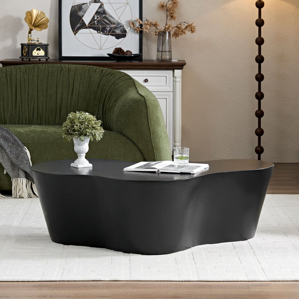 English Elm 50 Inch Sculptural Fiberglass Coffee Table Gloss Black Organic Shape for Living Room W876P400326