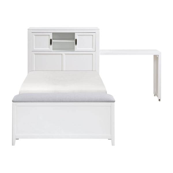 English Elm Gray Twin Platform Bed with Bookcase Headboard Hidden Desk Stool and Footboard Bench White B011S02324