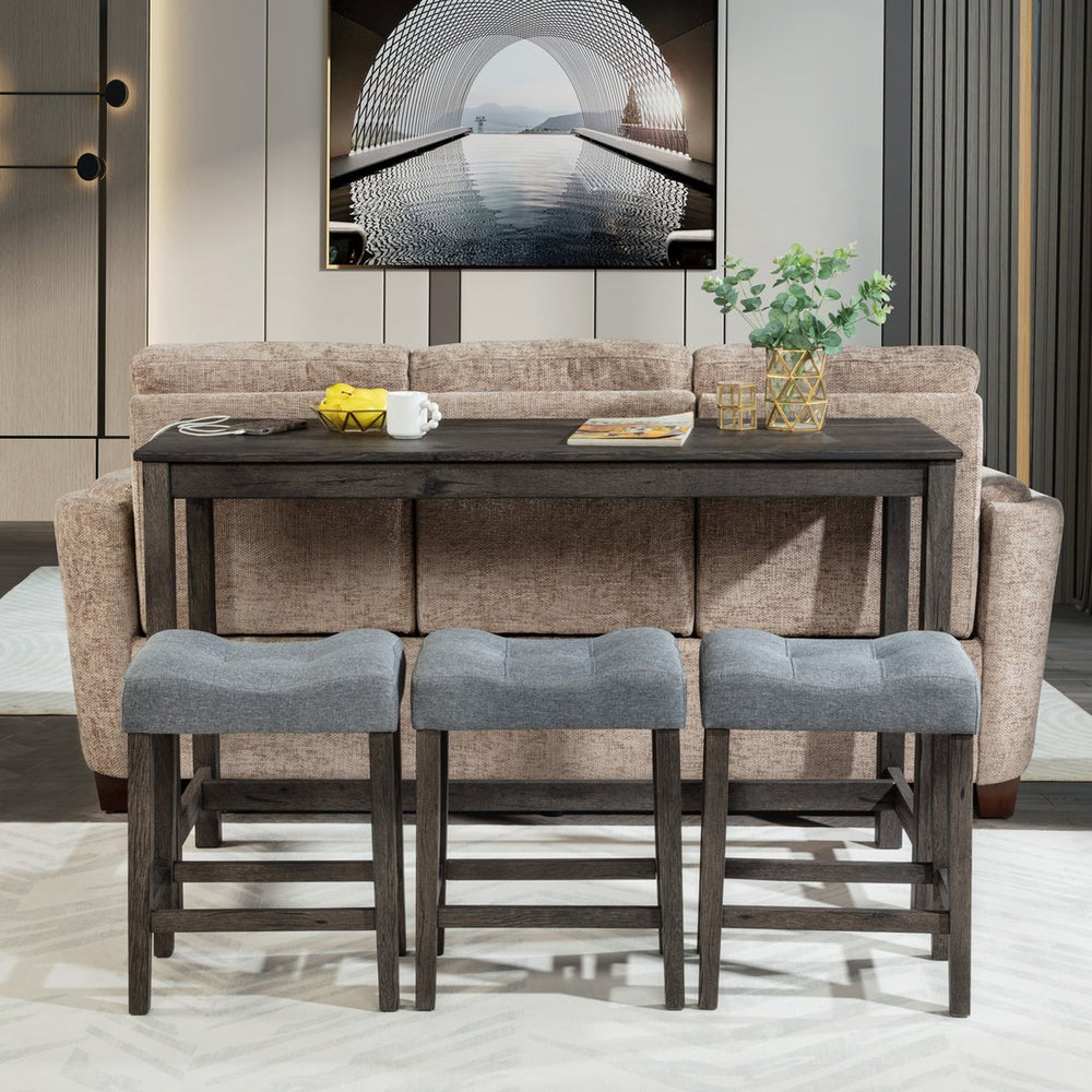 English Elm 4 Piece Bar Table Set with Power USB Type-C Outlet, Dark Gray Rustic Wood Grain Top, 3 Padded Stools for Living Room Dining Comfortable Seating and Durable Rubberwood Legs W1998P193827