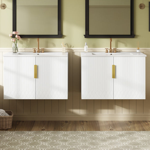 English Elm 60" Vintage Bathroom Vanity with Ceramic Sink Wall-Mount Modern Striped Design Durable MDF Wood Finish White N710SS00010K