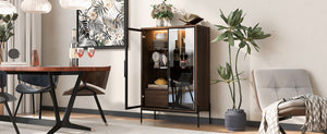 English Elm 51.2'' Freestanding Display Cabinet With Led Lights, Adjustable Glass Shelves & Hidden Storage – Walnut N845P261794D