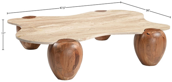 Meridian Furniture Liona Art Deco Coffee Table with Genuine Marble Top and Sculptural Hardwood Base for Living Room Beige Genuine Marble / Acacia Wood 775Beige-CT