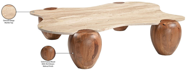 Meridian Furniture Liona Art Deco Coffee Table with Genuine Marble Top and Sculptural Hardwood Base for Living Room Beige Genuine Marble / Acacia Wood 775Beige-CT
