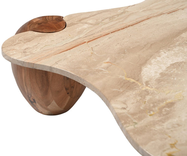 Meridian Furniture Liona Art Deco Coffee Table with Genuine Marble Top and Sculptural Hardwood Base for Living Room Beige Genuine Marble / Acacia Wood 775Beige-CT