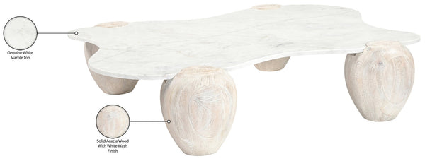 Meridian Furniture Liona Art Deco Coffee Table with Genuine Marble Top and Sculptural Hardwood Base for Living Room White Genuine Marble / Acacia Wood 775White-CT