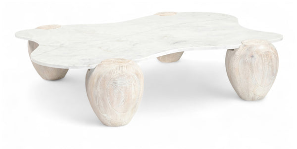 Meridian Furniture Liona Art Deco Coffee Table with Genuine Marble Top and Sculptural Hardwood Base for Living Room White Genuine Marble / Acacia Wood 775White-CT
