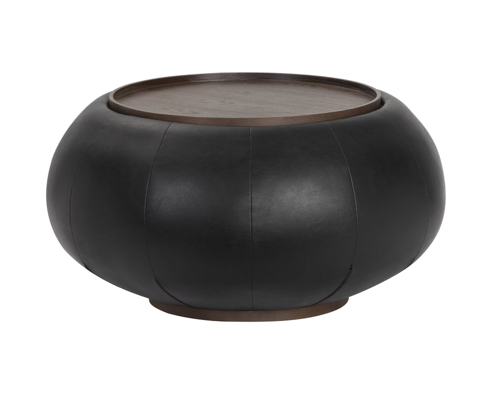 Sunpan Zenzi Contemporary Storage Coffee Table with Faux Leather, Ash Veneer Tray, and Hidden Storage Space Bravo Black