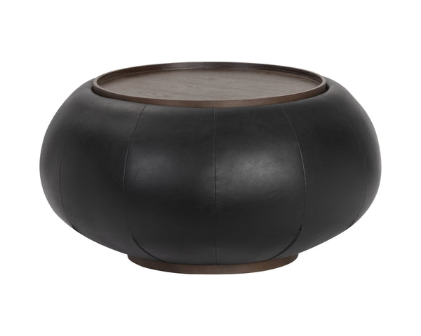 Sunpan Zenzi Contemporary Storage Coffee Table with Faux Leather, Ash Veneer Tray, and Hidden Storage Space Bravo Black