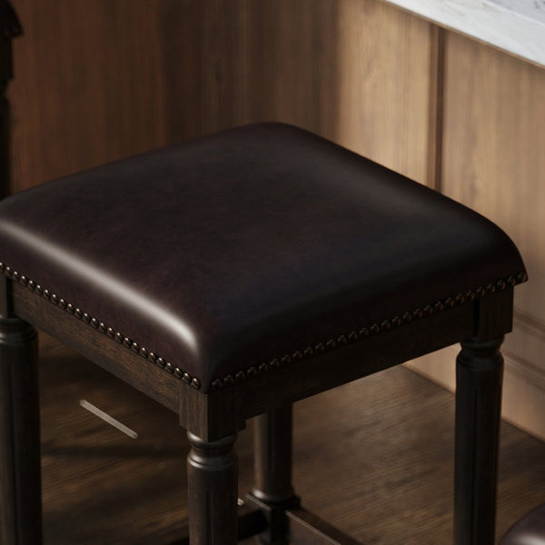 English Elm 31"h Distressed Walnut Bar Stool Carved Wood Frame with Upholstered Faux Leather Seat B2751P436461