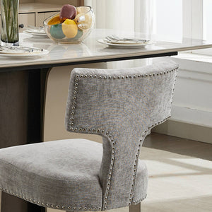 English Elm Mid Mid Century Modern Dining Chair Set with Curved Copper-Nail Backrest, High-Density Foam Seat, Brushed Stainless Legs Gray W1143P314900