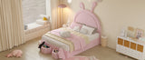 English Elm Full Size Upholstered Rabbit-Shape Bed With 2 Storage Stools, Velvet Platform Bed With Cartoon Ears Shaped Headboard, Pink